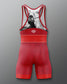Red wrestling singlet with black and white graphic on a gray background