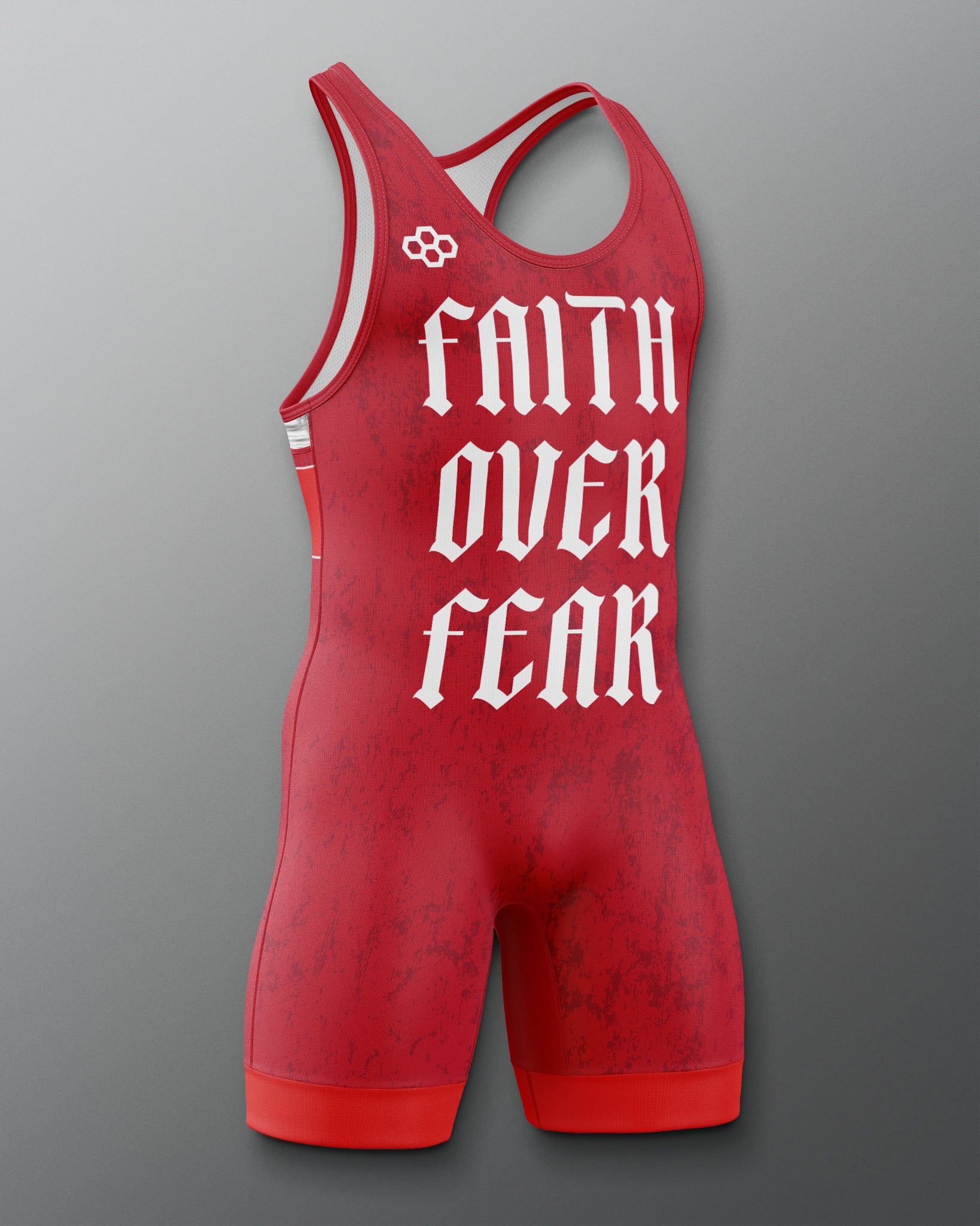 Red wrestling singlet with 'Faith Over Fear' text on a gray background