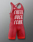 Red wrestling singlet with 'Faith Over Fear' text on a gray background