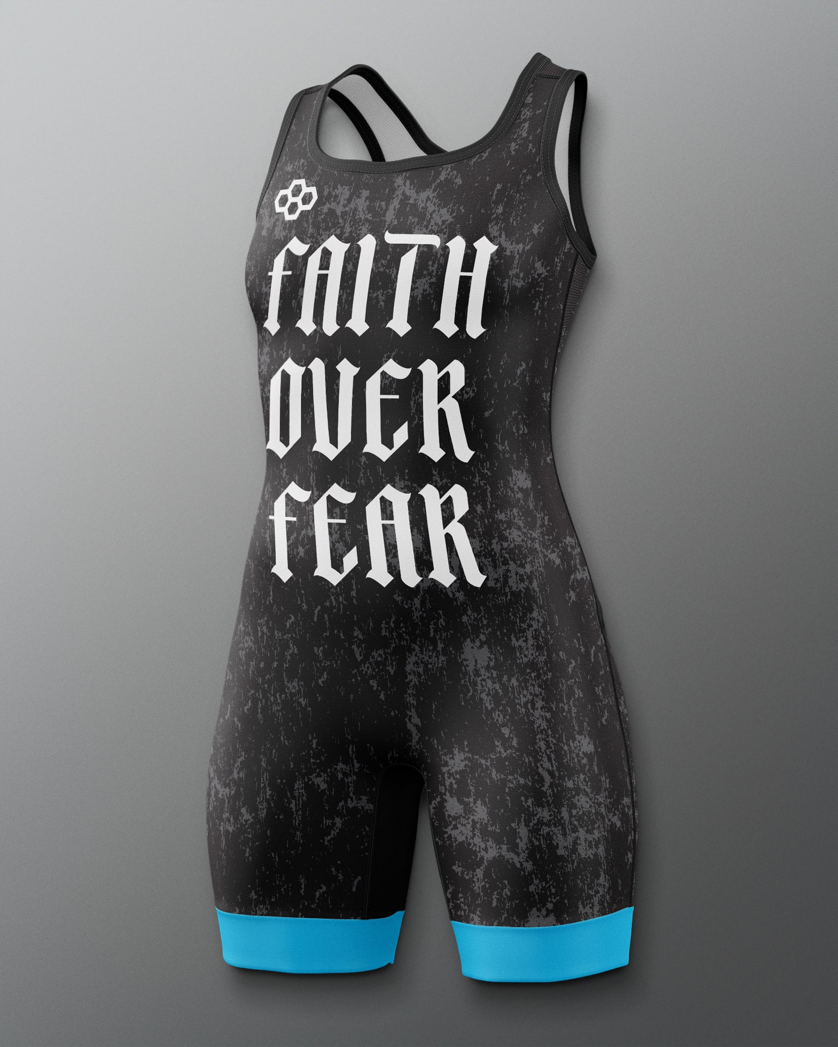Black wrestling singlet with 'Faith Over Fear' text on a gray background