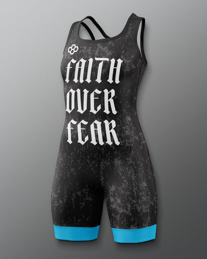 Black wrestling singlet with 'Faith Over Fear' text on a gray background
