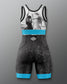 Black and blue wrestling singlet with graphic design on a gray background