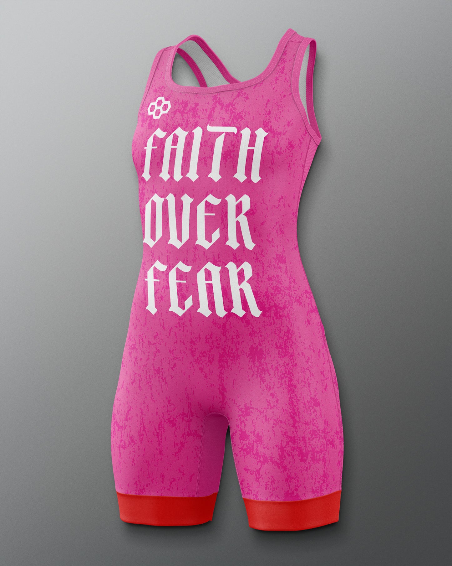 Pink wrestling singlet with 'Faith Over Fear' text on a gray background