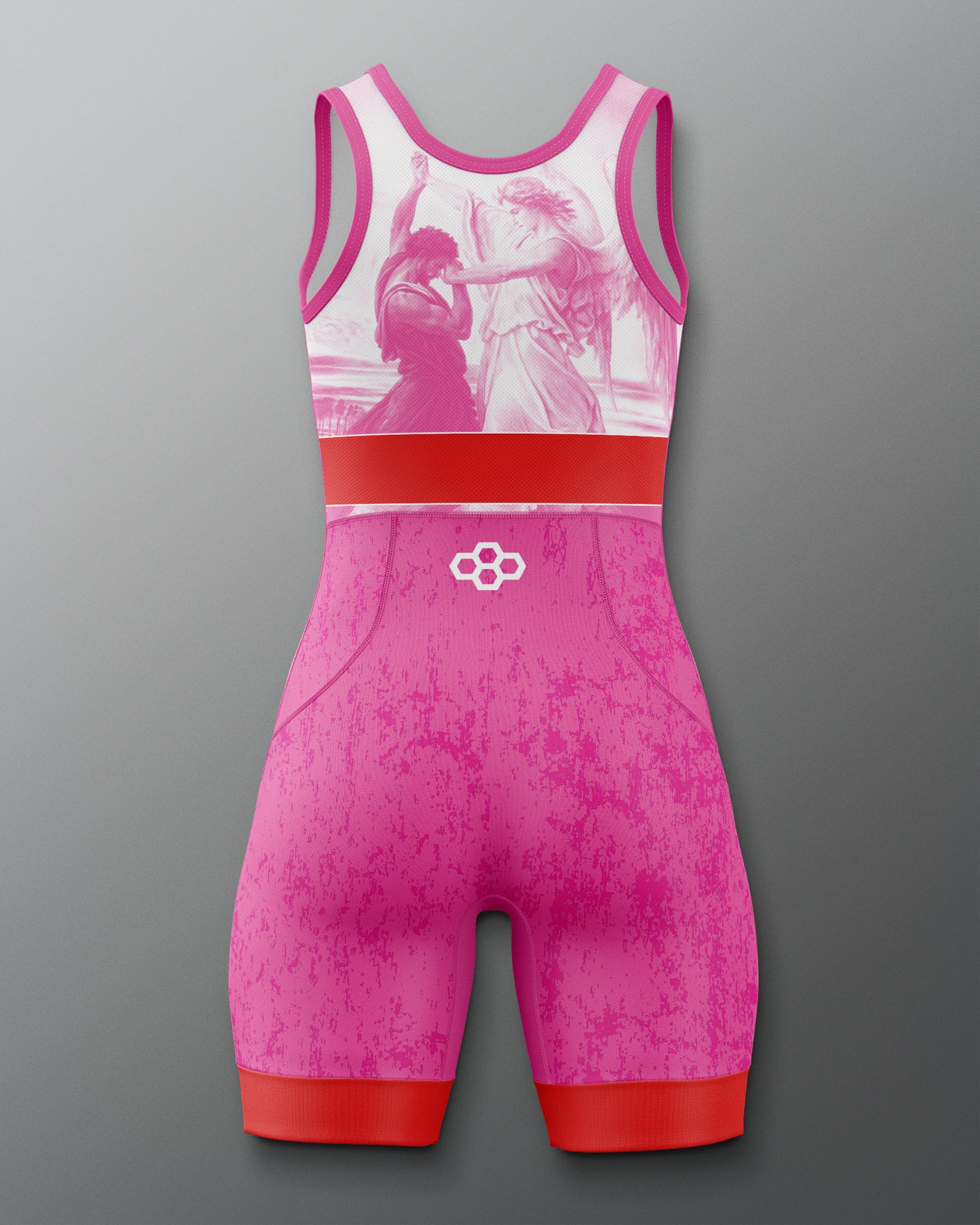 Pink and red wrestling singlet with a logo on a gray background