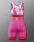 Pink and red wrestling singlet with a logo on a gray background