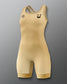 A sleeveless athletic wrestling singlet in warm beige and white diagonal stripes, shown on a gray gradient background. It features a small black Olympic rings logo on the left chest and a small smiley face graphic on the right chest.