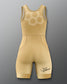A sleeveless wrestling singlet in a metallic gold color, featuring diagonal white stripe patterns and a black 'sarah hildebrandt' logo on the lower right leg, displayed against a gray gradient background.