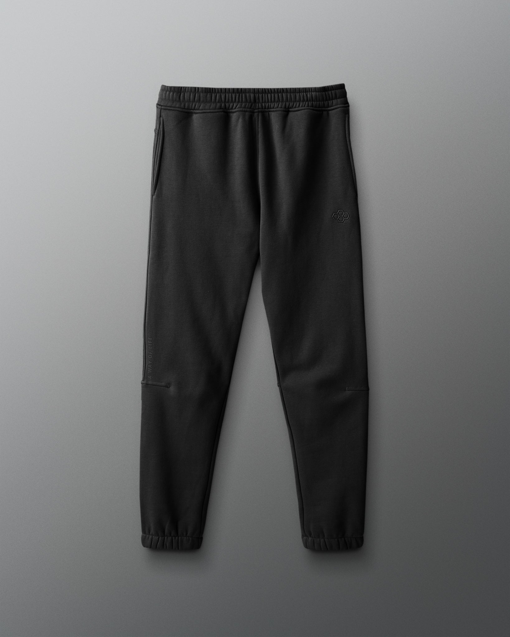 Black jogger pants on a gray background