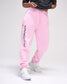 Pink sweatpants with 'Faith over fear' text on a white background