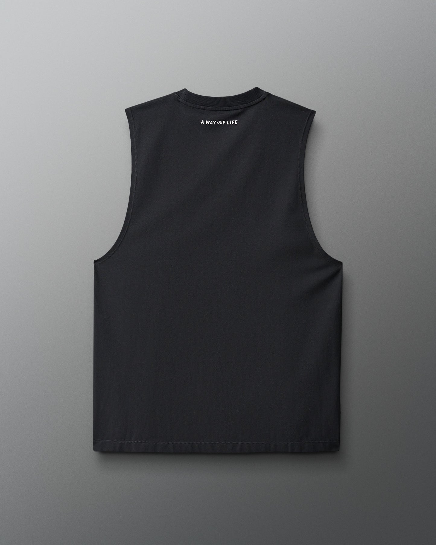 Black sleeveless shirt with text on a gray background