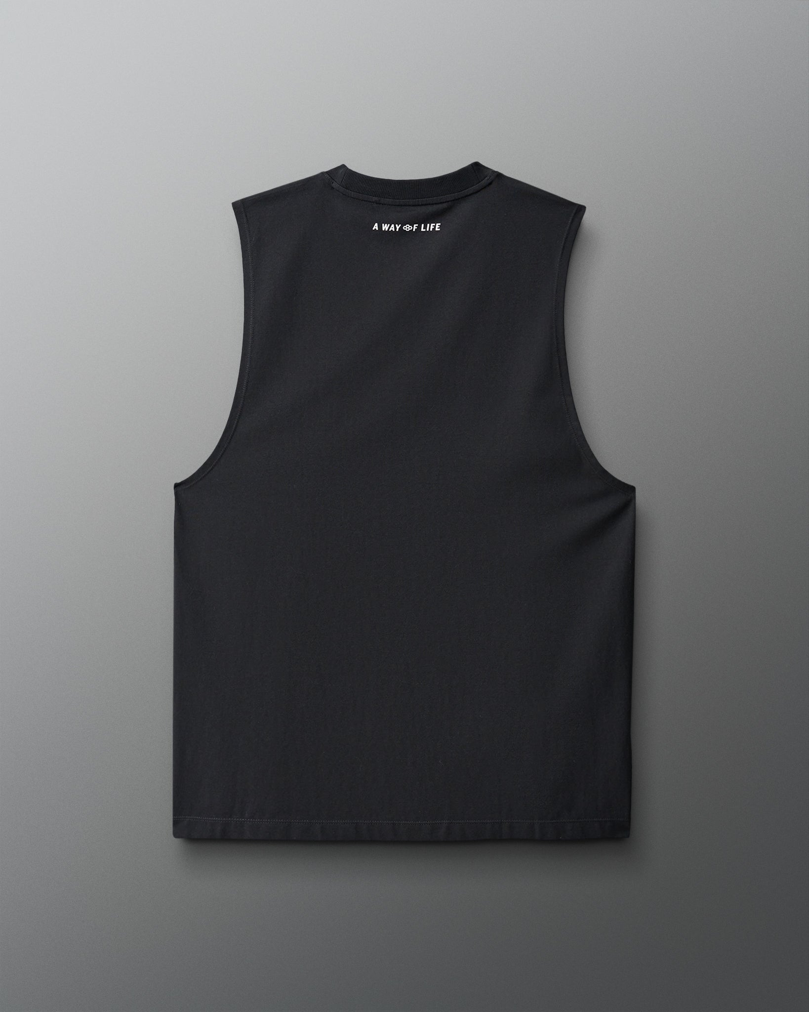 Black sleeveless shirt with text on a gray background