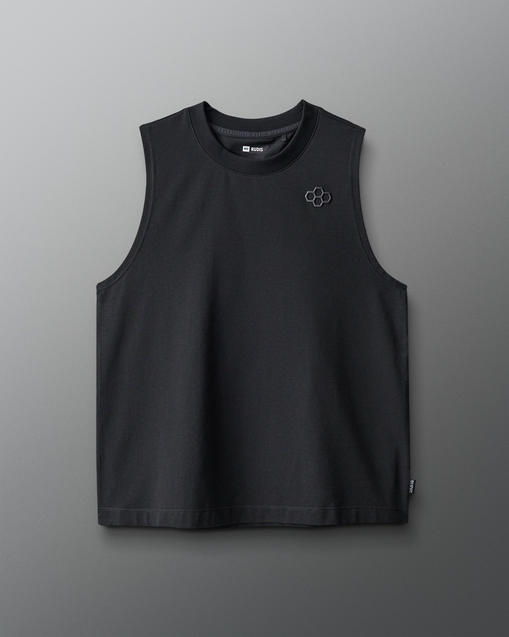 Black sleeveless shirt with a logo on a gray background