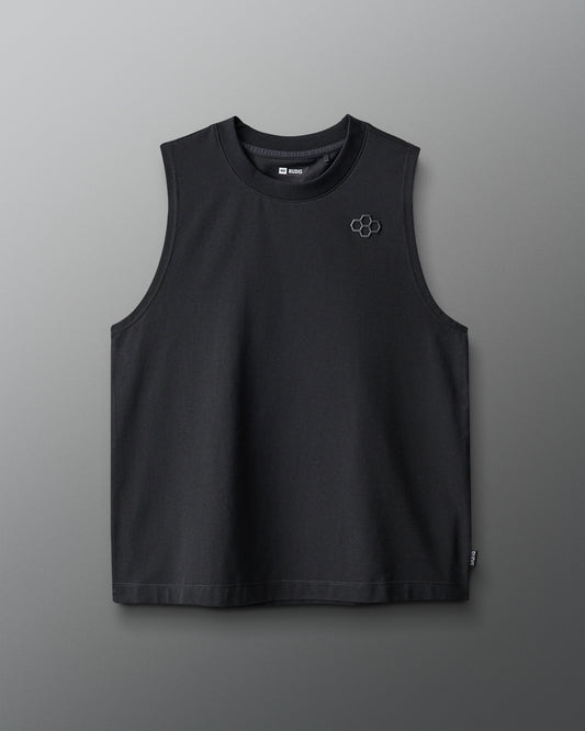 Black sleeveless shirt with a logo on a gray background