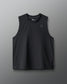 Black sleeveless shirt with a logo on a gray background