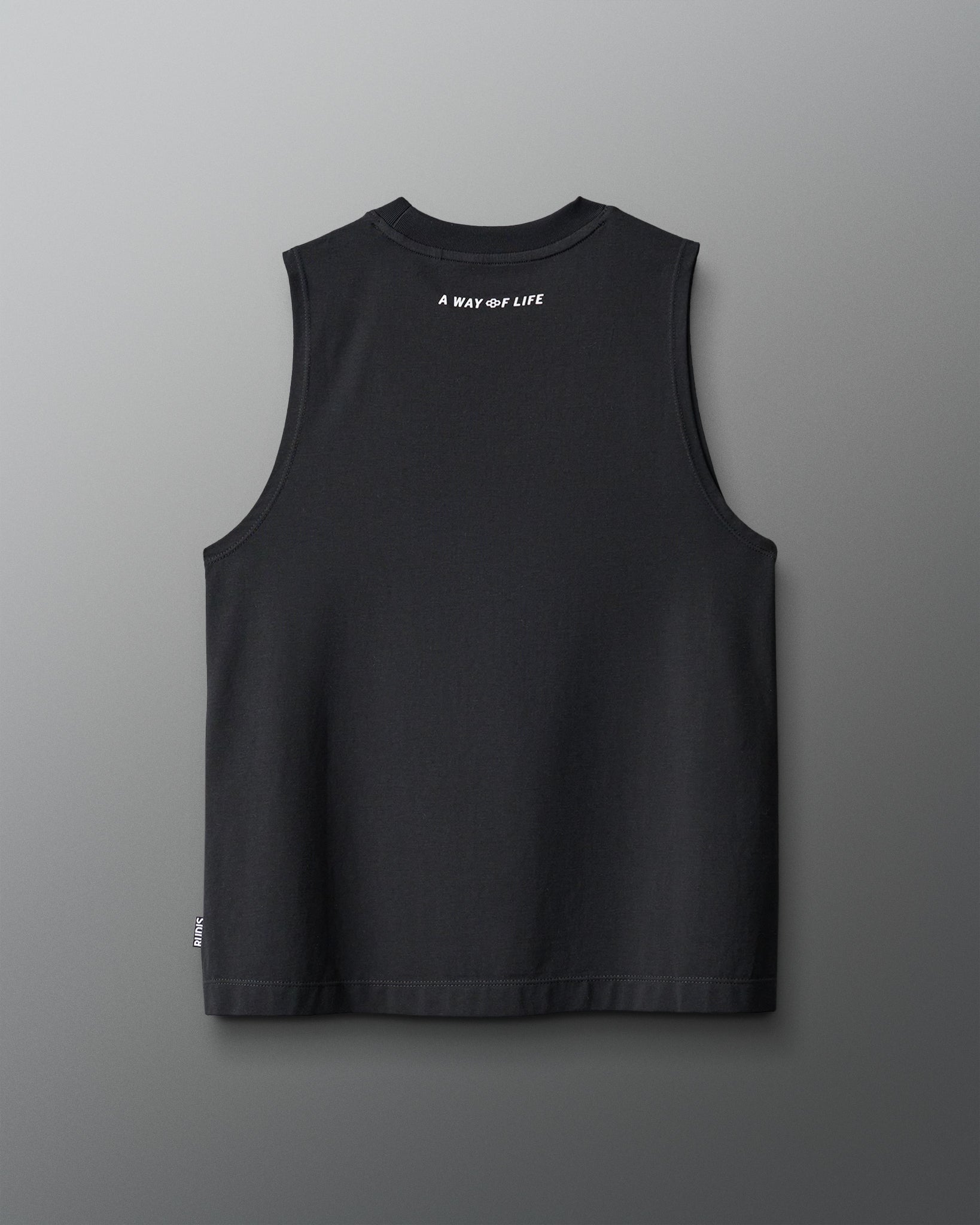 Black sleeveless shirt with text on the back against a gray background