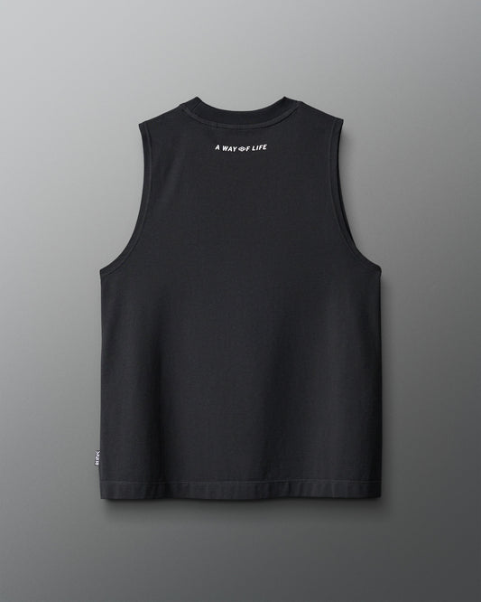 Black sleeveless shirt with text on the back against a gray background