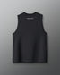 Black sleeveless shirt with text on the back against a gray background