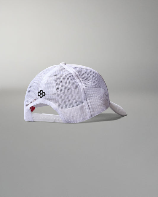 White mesh cap with a small logo on a gray background