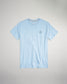 A light blue t-shirt featuring a subtle logo on the chest and a simple modern design suitable for casual wear