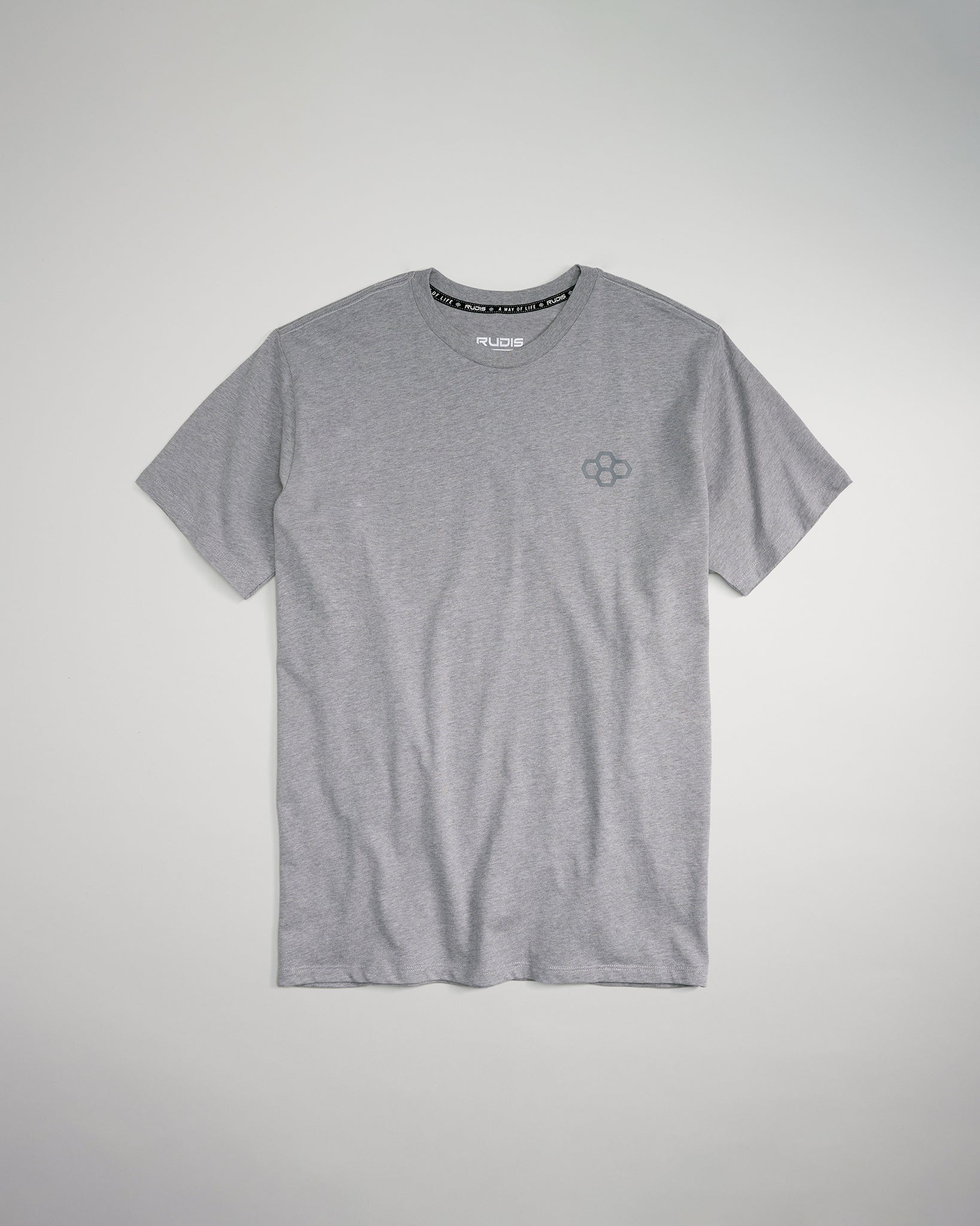 A gray short-sleeved t-shirt featuring a subtle design on the chest and a branded collar