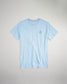 A light blue t-shirt featuring a subtle logo on the chest and a simple modern design suitable for casual wear