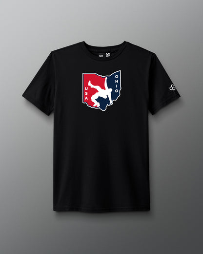 Black t-shirt with a state of Ohio USA Wrestling graphic design on a gray background