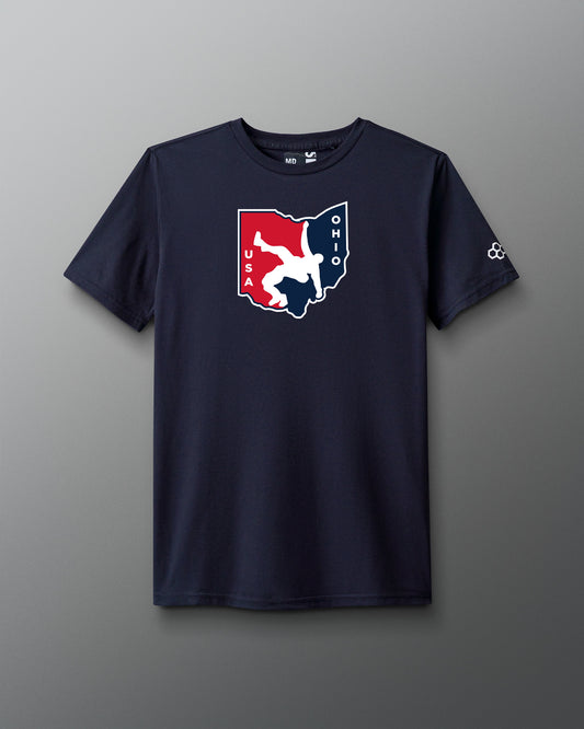 Navy blue t-shirt with a state of Ohio USA Wrestling a graphic design on a gray background