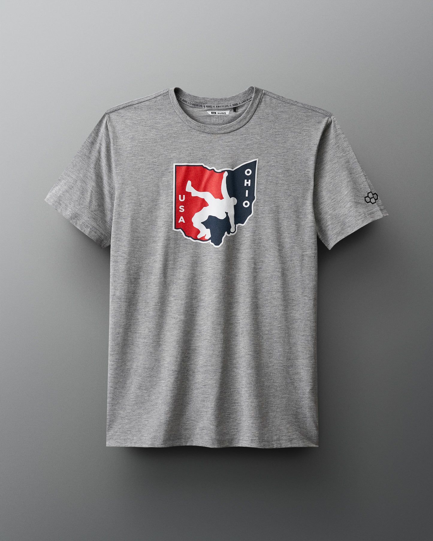 Front view of the RUDIS Team Ohio USA Short Sleeve T-shirt in gray, featuring a large red and navy USA Wrestling Team Ohio logo on the chest, designed for athletes showing Ohio wrestling pride.