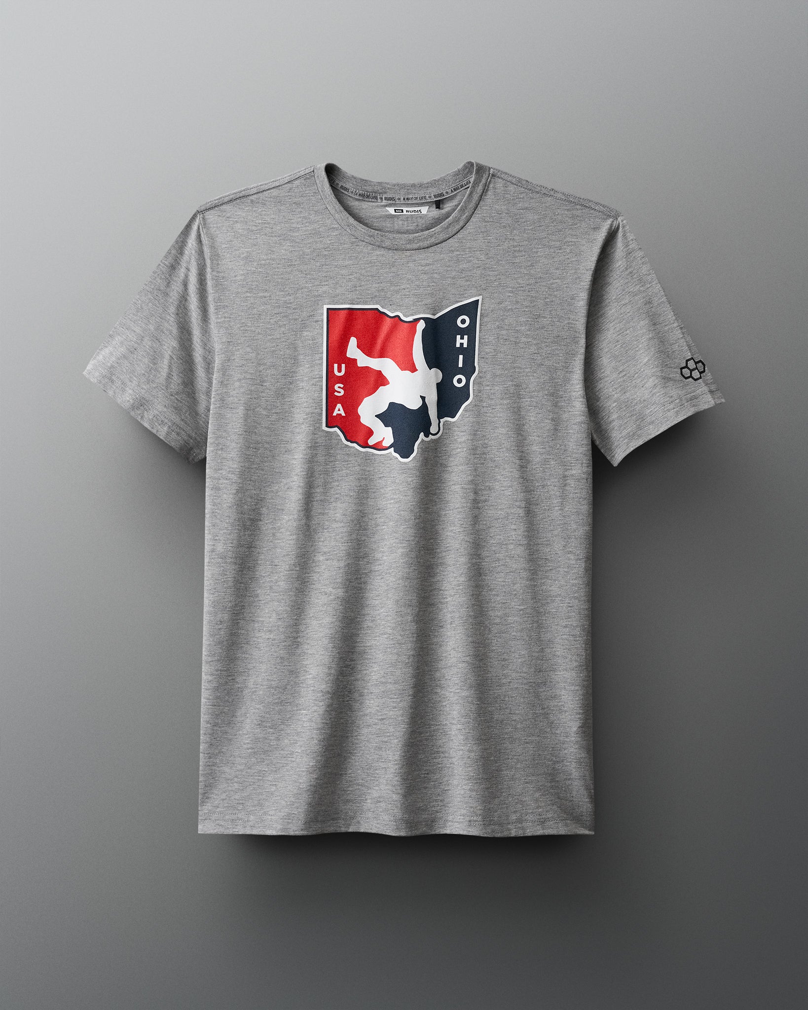 Front view of the RUDIS Team Ohio USA Short Sleeve T-shirt in gray, featuring a large red and navy USA Wrestling Team Ohio logo on the chest, designed for athletes showing Ohio wrestling pride.