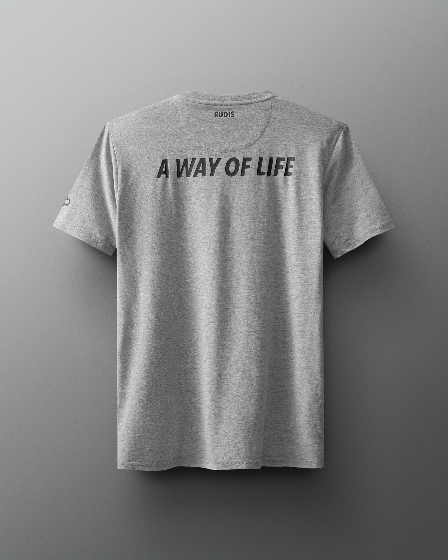 Back view of shirt - grey tshirt with 'A WAY OF LIFE' words in black bold font.