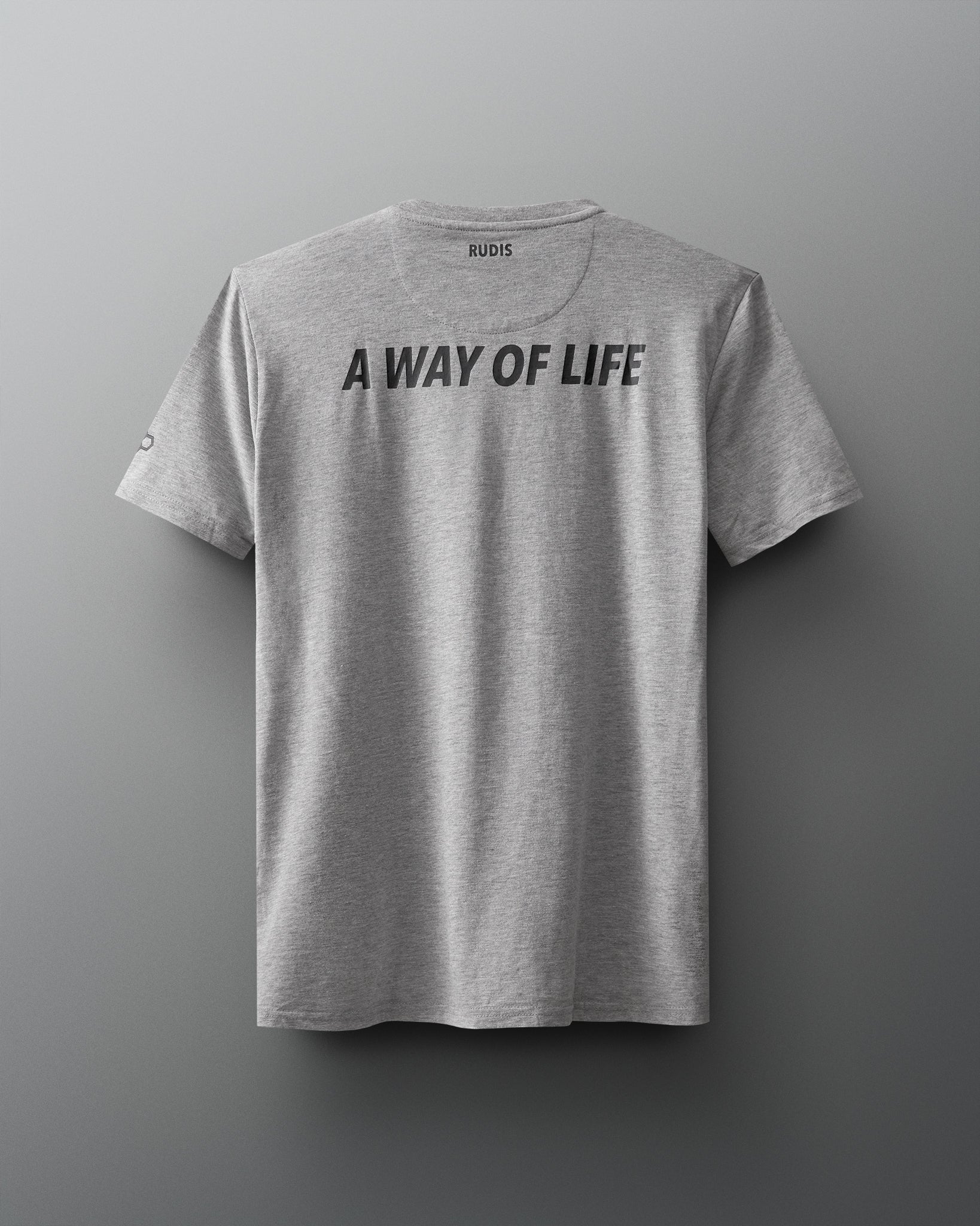 Back view of shirt - grey tshirt with 'A WAY OF LIFE' words in black bold font.