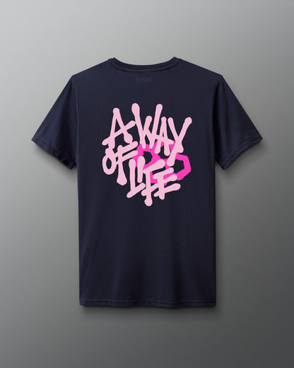 Back view of a navy T-shirt featuring large stylized white text that reads ‘A Way of Life’ with a bold pink hexagon design integrated into the graphic