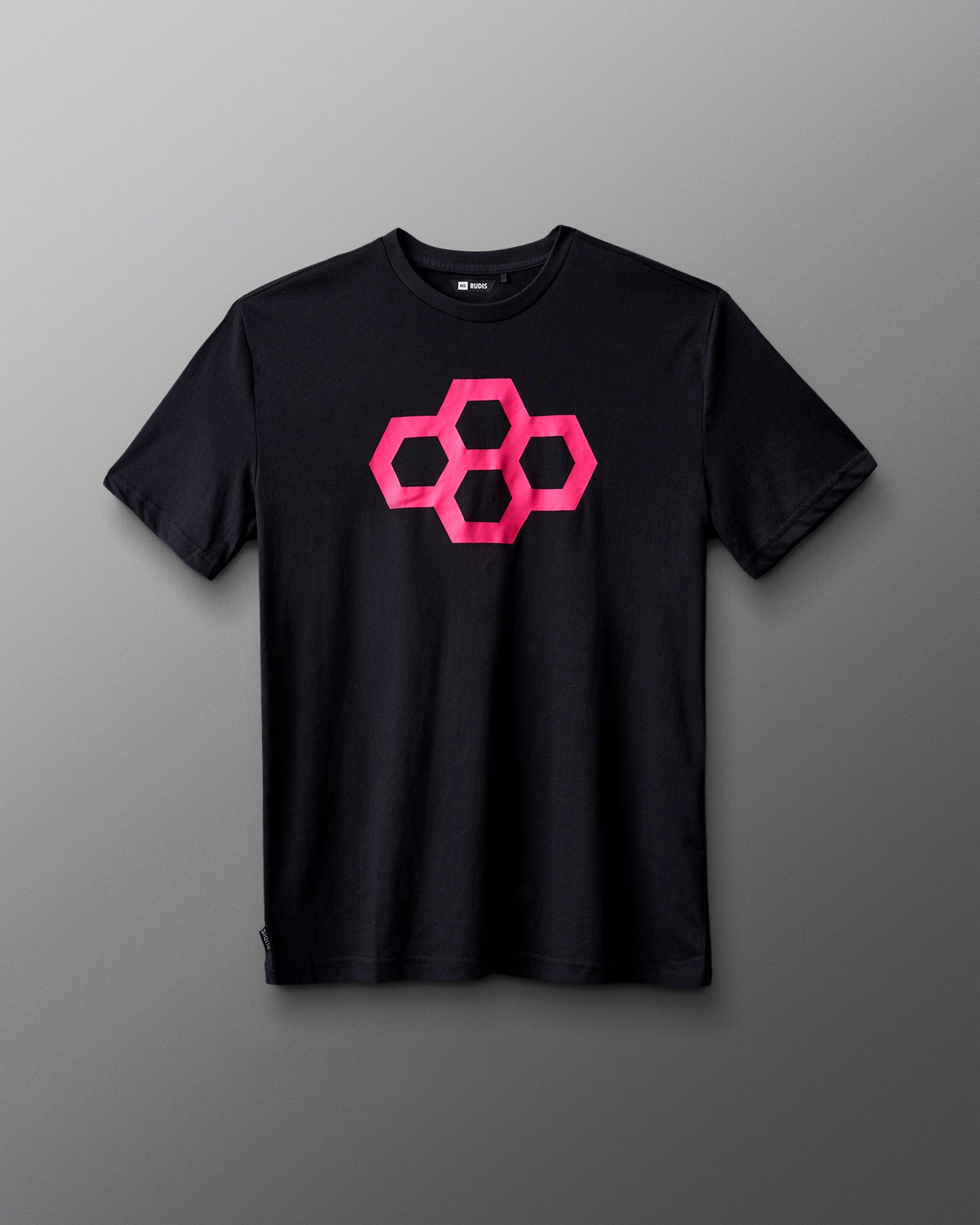Black t-shirt with a pink quadhex design on a gray background