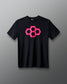 Black t-shirt with a pink quadhex design on a gray background