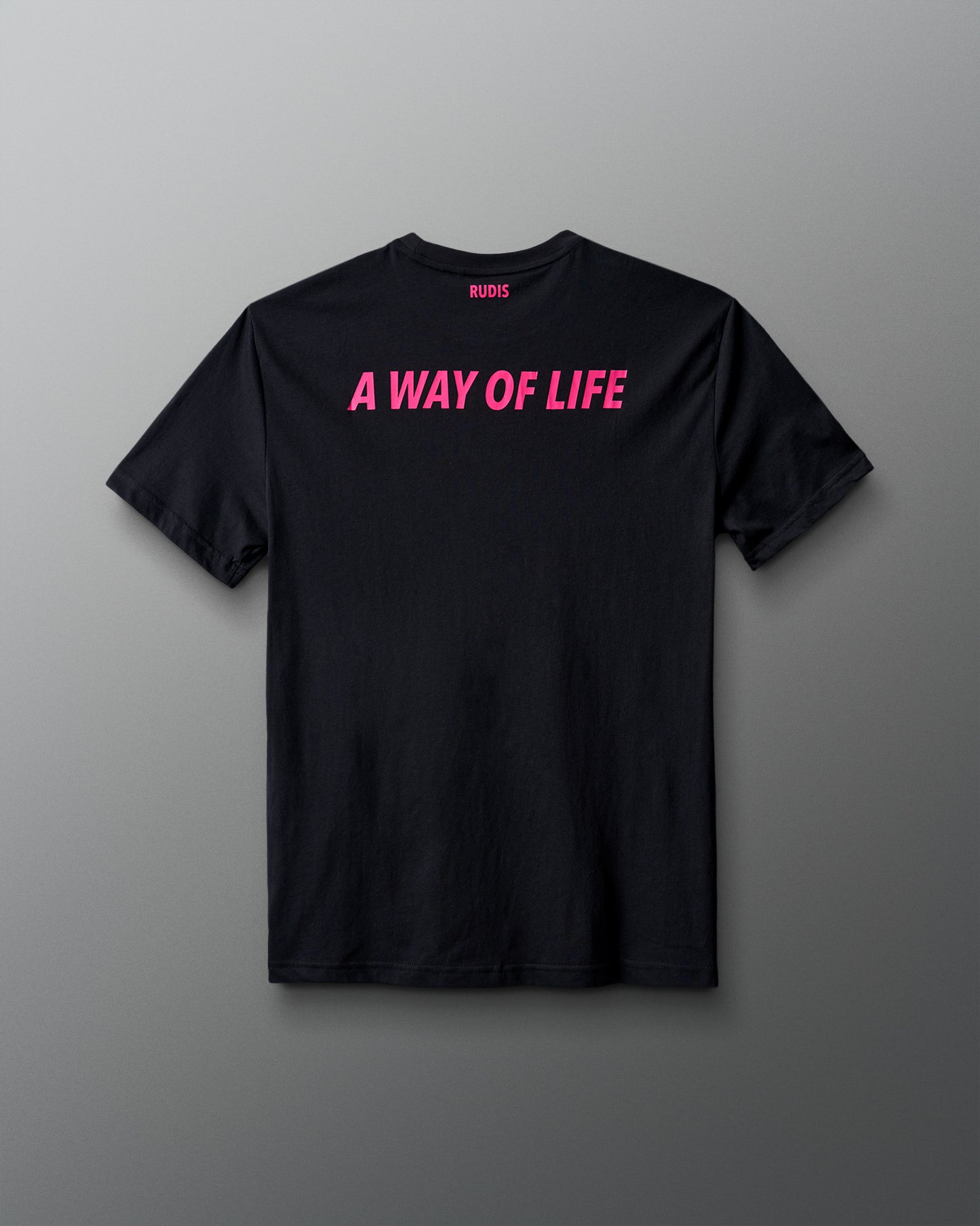 Black t-shirt with pink text 'A WAY OF LIFE' on a gray background
