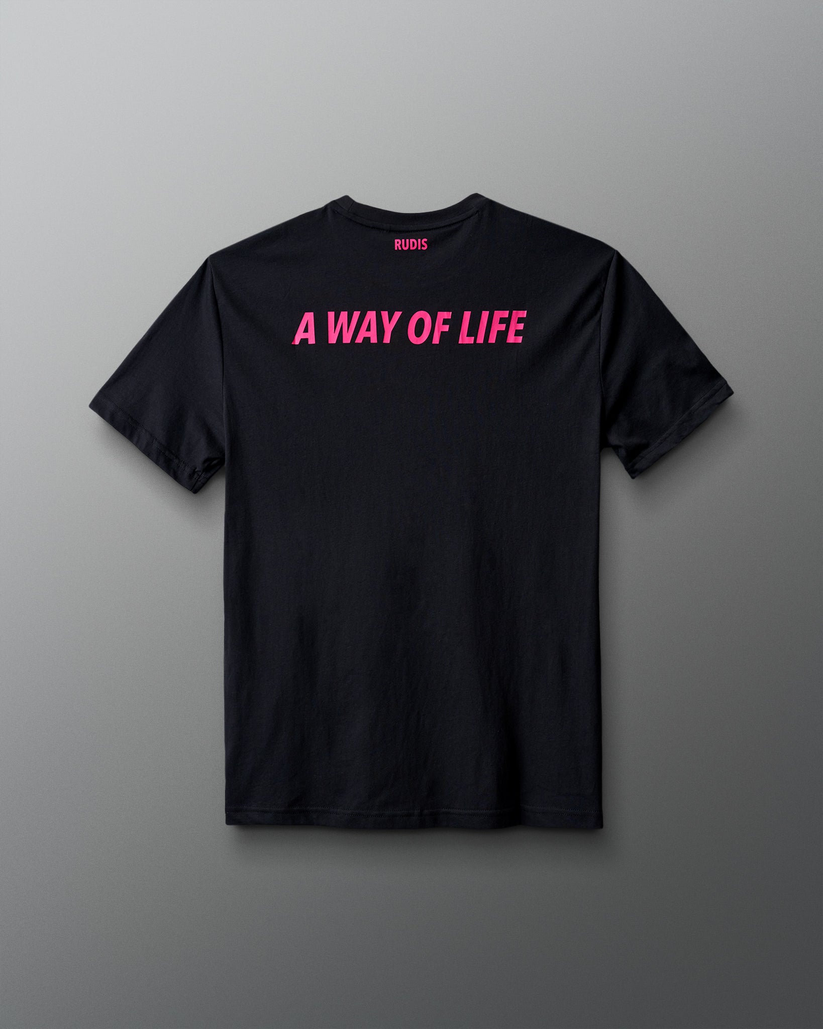 Black t-shirt with pink text 'A WAY OF LIFE' on a gray background