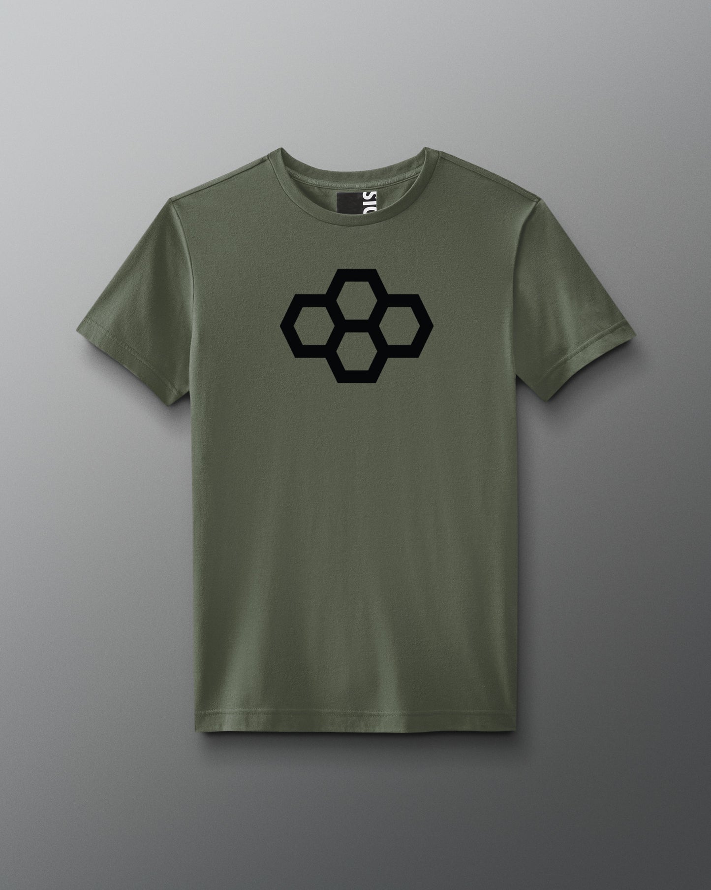 Green t-shirt with a black quadhex design on a gray background