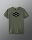 Green t-shirt with a black quadhex design on a gray background