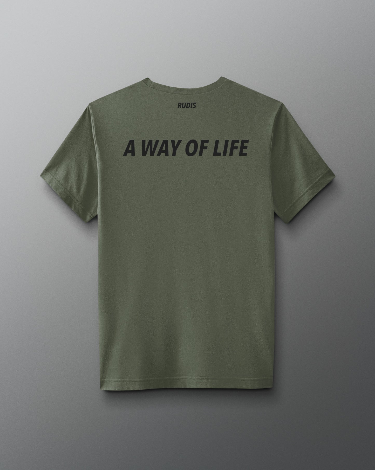 Green t-shirt with 'A Way of Life' text on the back against a gray background