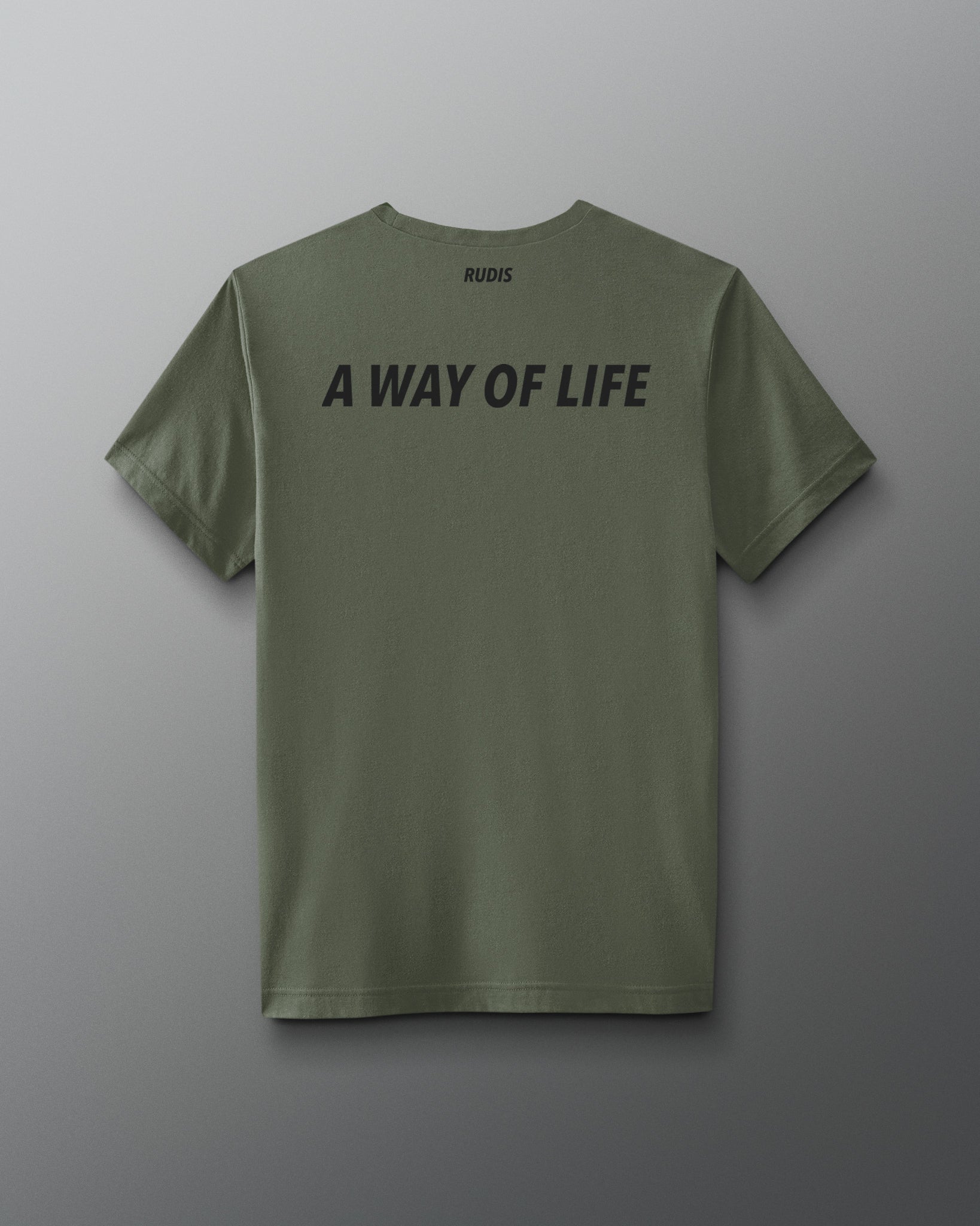 Green t-shirt with 'A Way of Life' text on the back against a gray background