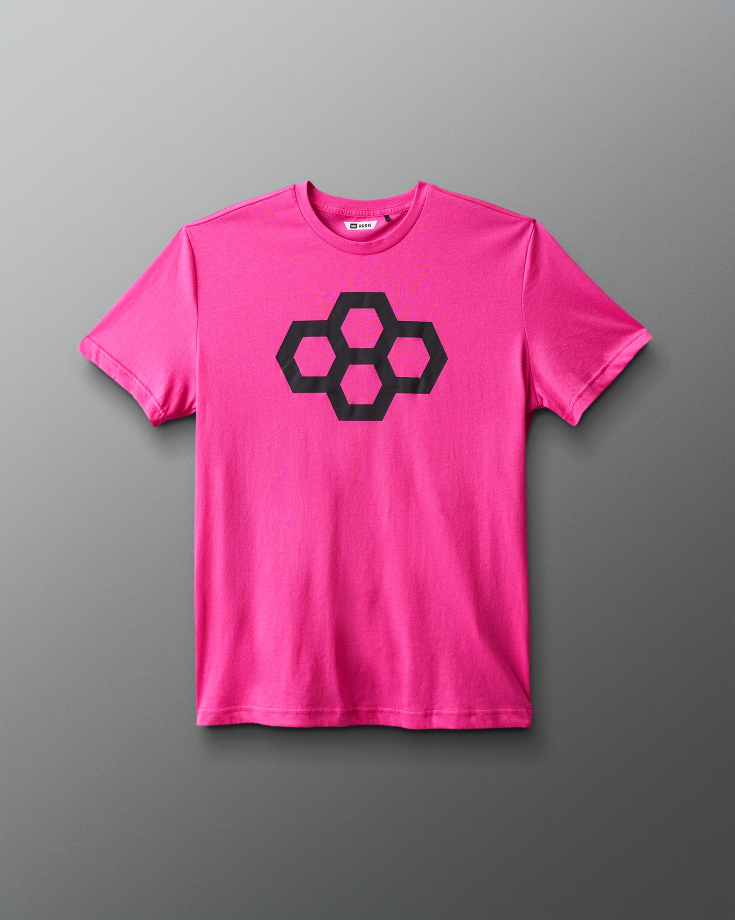 Pink t-shirt with a black quadhex design on a gray background