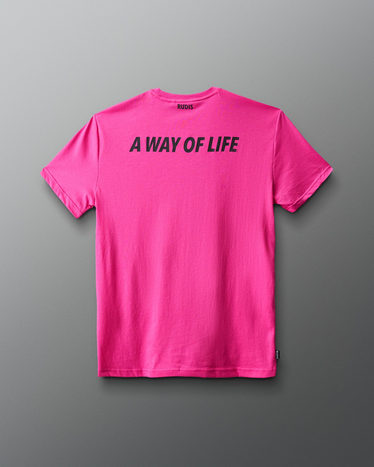 Pink t-shirt with 'A Way of Life' text on a gray background