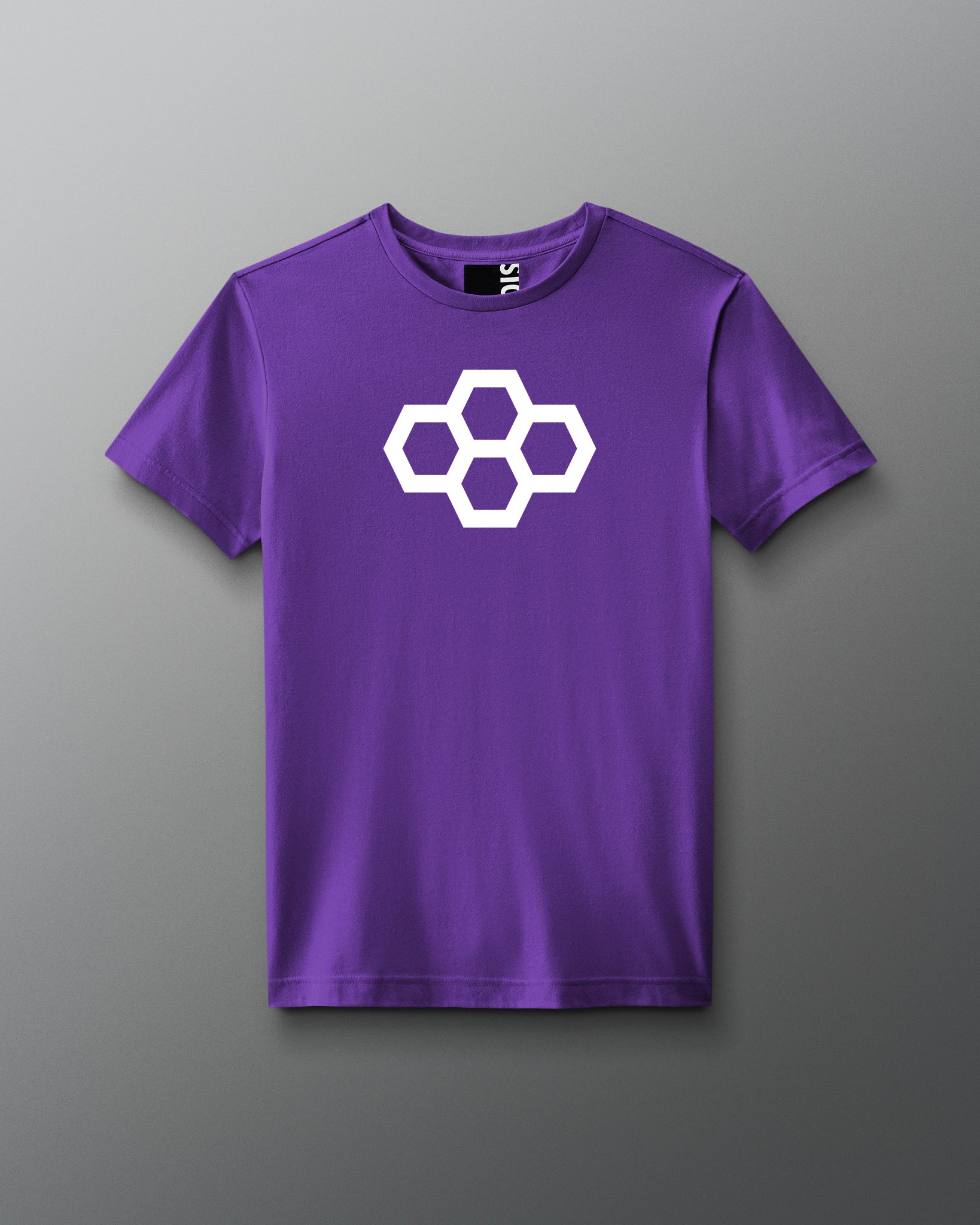 Purple t-shirt with a white quadhex logo on a gray background