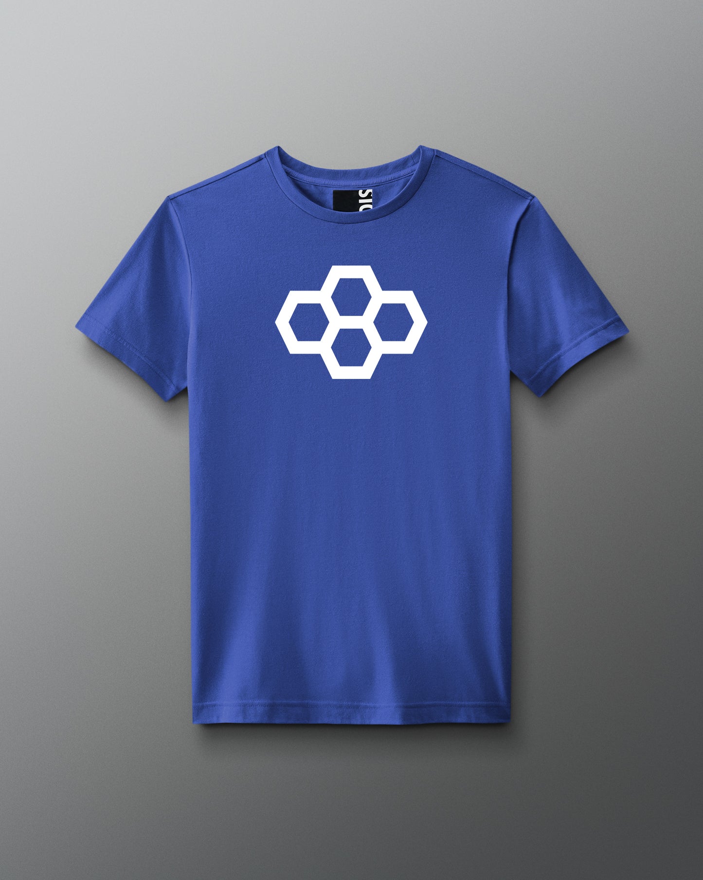 Blue t-shirt with a white quadhex logo on a gray background