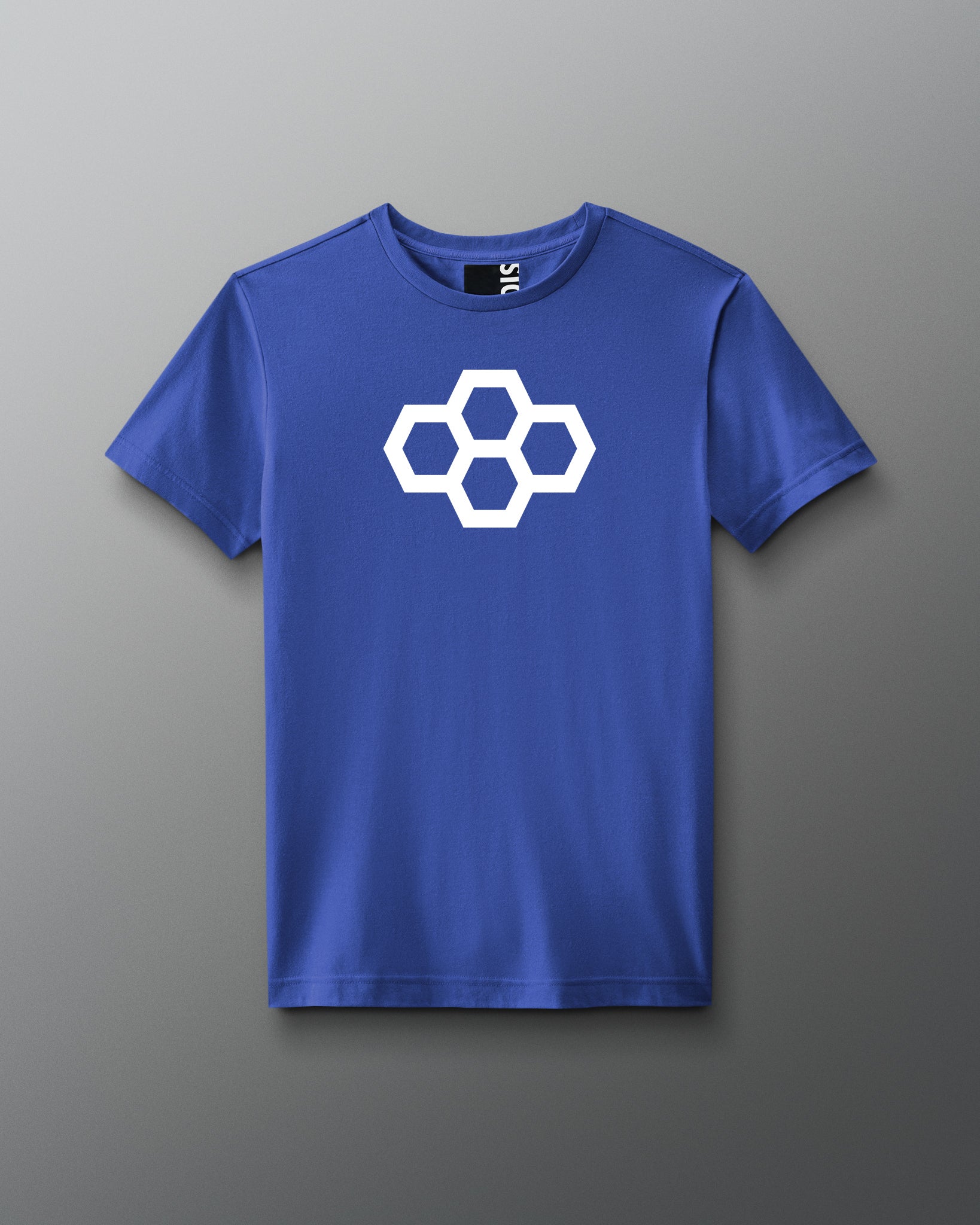 Blue t-shirt with a white quadhex logo on a gray background