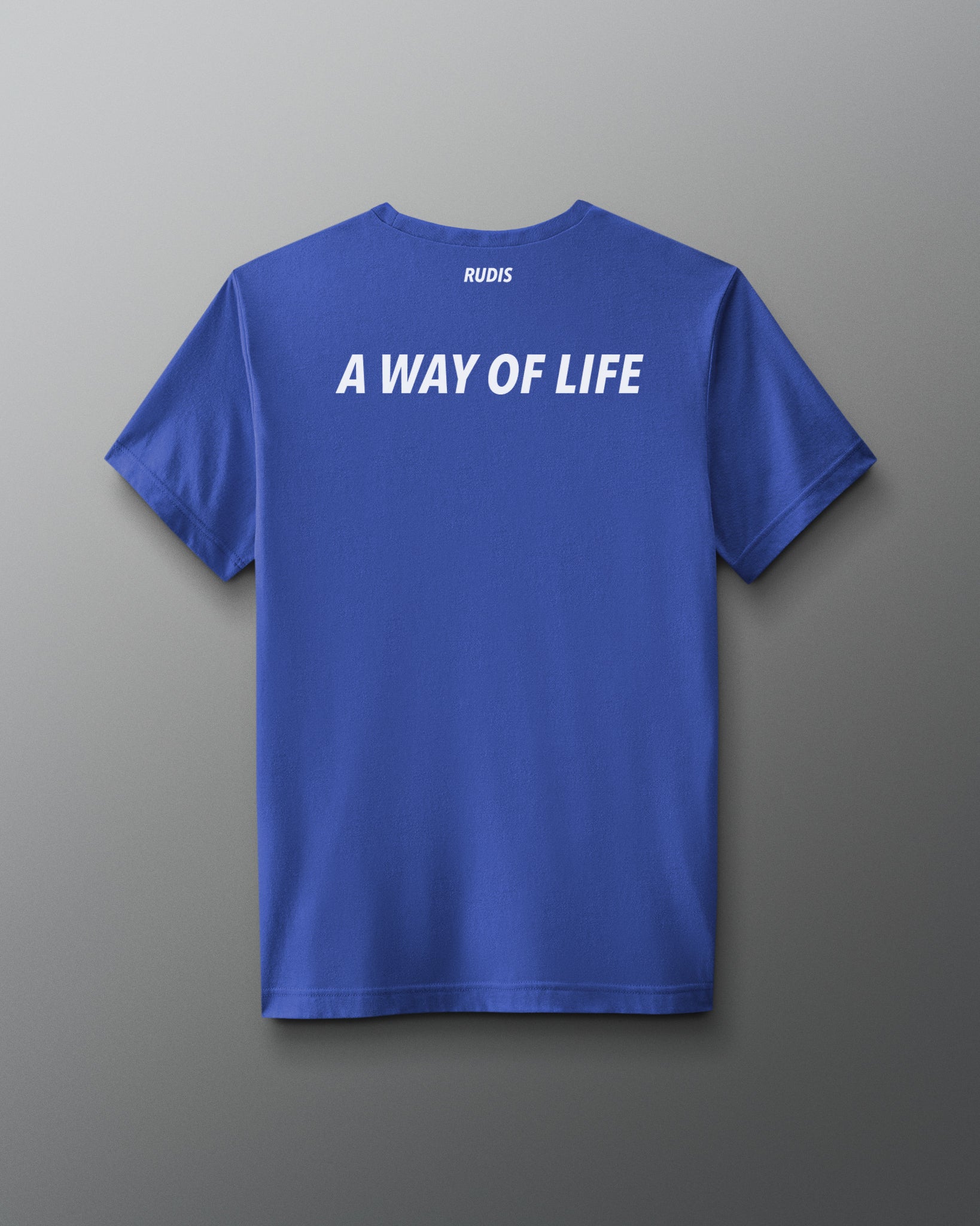 Blue t-shirt with 'A Way of Life' text on the back against a gray background