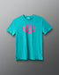 Turquoise t-shirt with pink quadhex design on a gray background