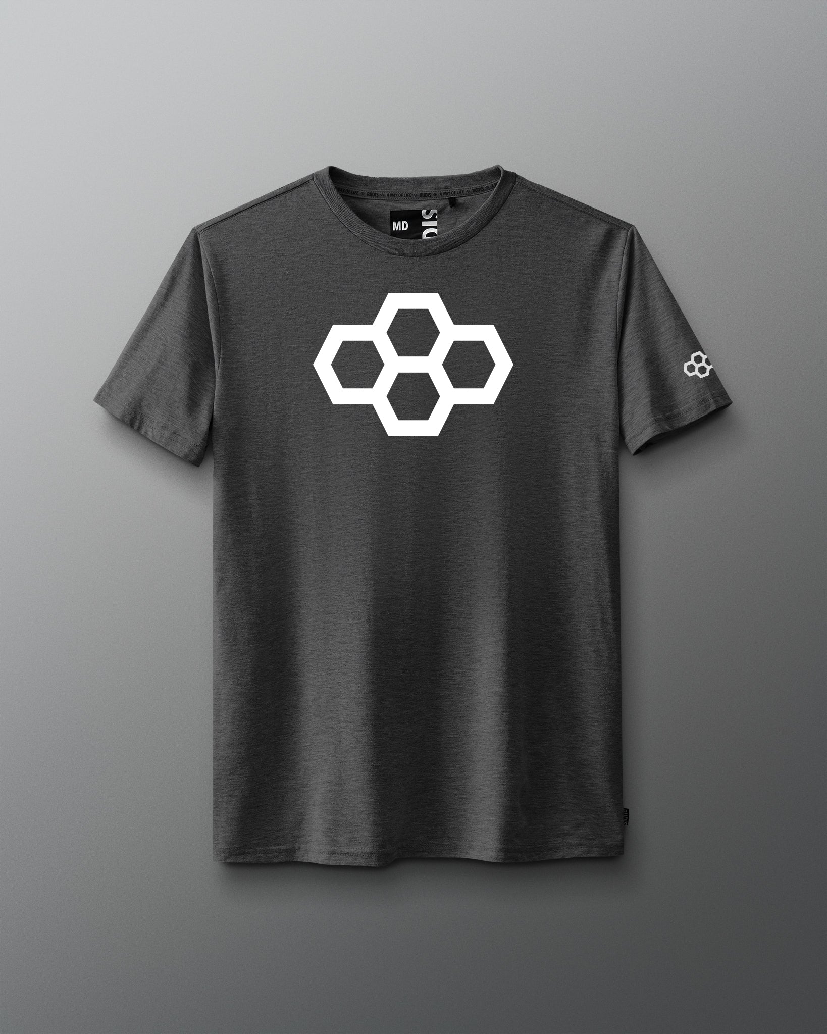 A gray t-shirt with a white quadhex graphic design on the front and a smaller hexagonal logo on the left sleeve.