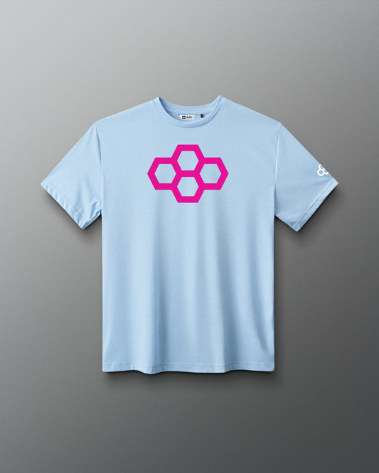 A gray t-shirt with a white quadhex graphic design on the front and a smaller hexagonal logo on the left sleeve.
