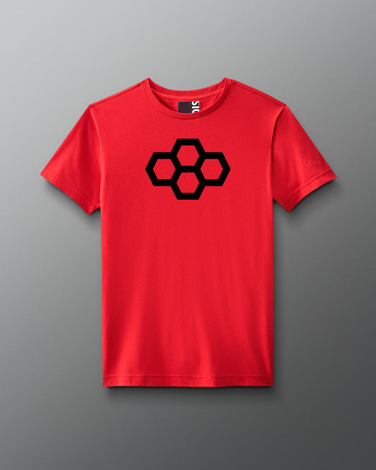 A gray t-shirt with a white quadhex graphic design on the front and a smaller hexagonal logo on the left sleeve.